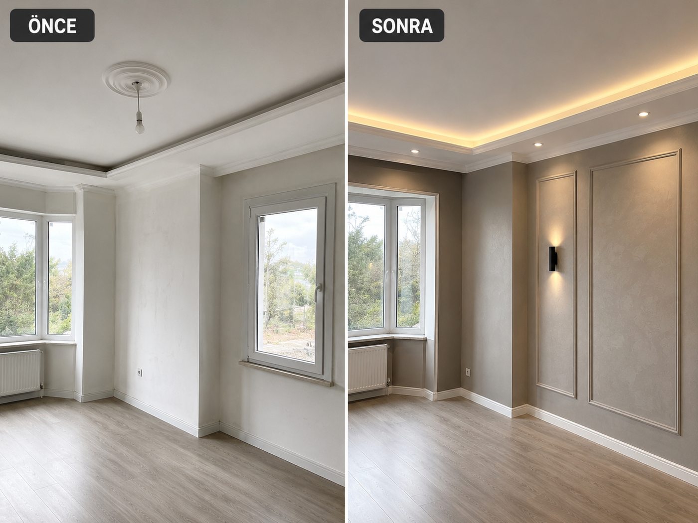 Bademli iç cephe boya öncesi ve sonrası